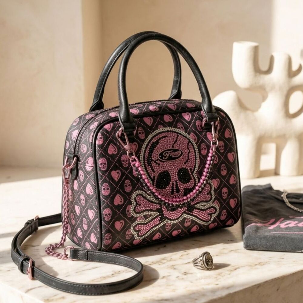 Ed Hardy Pink Skull Rhinestone Satchel Bag NWT